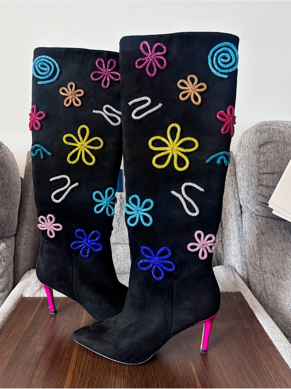 Betsey Johnson Black Suede Knee-High Boots w/ Colorful 3D Gem Line Patterns